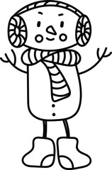 Snowman in a scarf and headphones. Icon on white in doodle style. Winter, New Year, Christmas design