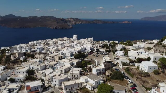Plaka Chora Village Aerial View in Milos, Cyclades Island in Aegean Sea, Greece