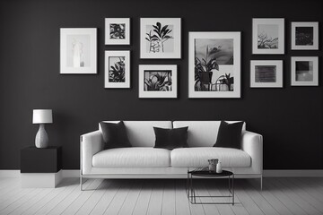 Interior room in plain monochrome black and dark gray color, 4 picture frames on the wall with furnitures and plants for poster presentation. 3D rendering
