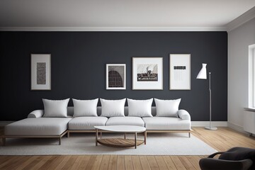Modern living room with armchair. Scandinavian style interior design. 3D illustration