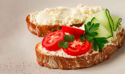 Sandwich, with cream cheese, homemade, on a cutting board, rustic style, no people, selective focus, breakfast