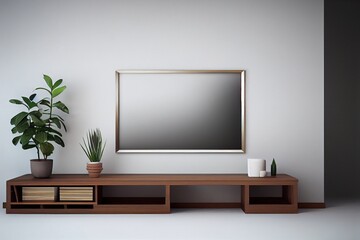 Mockup frame on work table in living room interior on empty white wall background,3D rendering