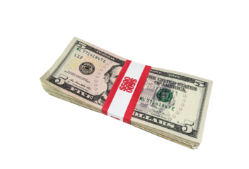 Pack of five dollar bills with $500 paper currency strap isolated.