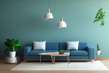 Modern living room interior with sofa and green plants,lamp,table on dark blue wall background. 3d rendering.