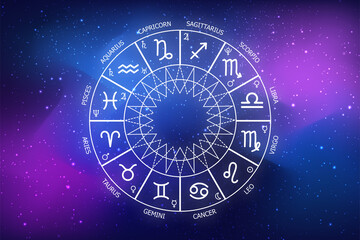 Zodiac circle on the background of the dark cosmos. Astrology. The science of stars and planets