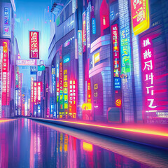 Illustration of colorful Asian metropolis in the center with colorful neon signs