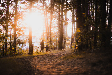 Mama i córka na spacerze o zachodzie słońca słonecznym lesie - obrazy, fototapety, plakaty