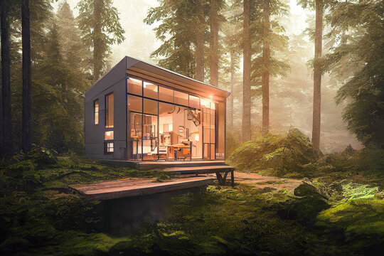 Illustration of modern minimalistic cabin house in the forest
