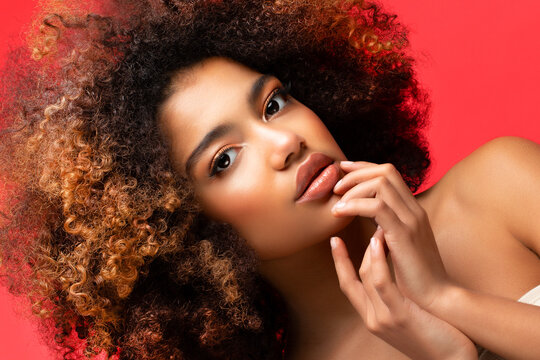 Young elegant african american woman with afro hair. Glamour makeup.