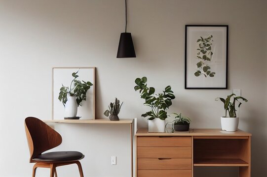 Scandinavian interior design of open space with wooden desk, modern chair, wood paneling with shelf, plant, carpet, office supplies and elegant personal accessories in home decor.