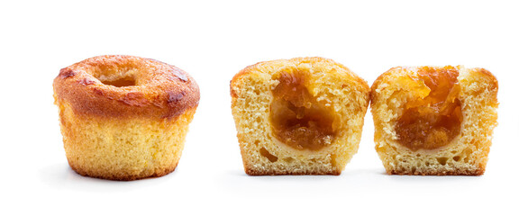 Freshly baked muffins with apricot jam filling isolated on white
