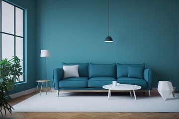 minimalist living room interior ,blue sofa and lamp on green wall 3d render