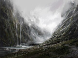 Foggy Mountain Landscape. The man walks in a landscape of mountains in the fog. Digital drawing, digital art style, illustration, painting.