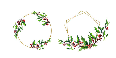Winter botanical watercolor set floral border green red berries