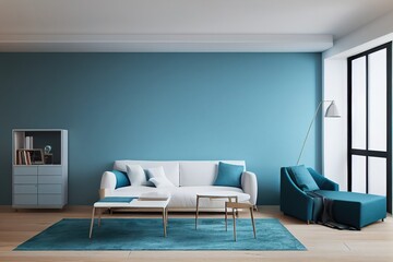 Creative composition. Interior of the room in pastel blue color with furnitures and room accessories. Light background with copy space. 3D render for web page, presentation, studio. Healthy lifestyle