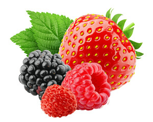 wild Berries mix, strawberry, raspberry, blackberry, wild strawberry, isolated on white background,...