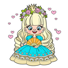 Cute cartoon long haired princess girl in ball dress with a fan color variation for coloring page on white background