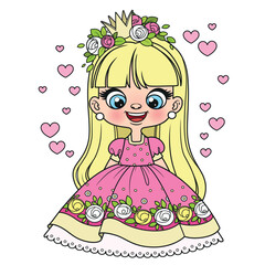 Cute cartoon long haired princess girl in ball dress color variation for coloring page on white background