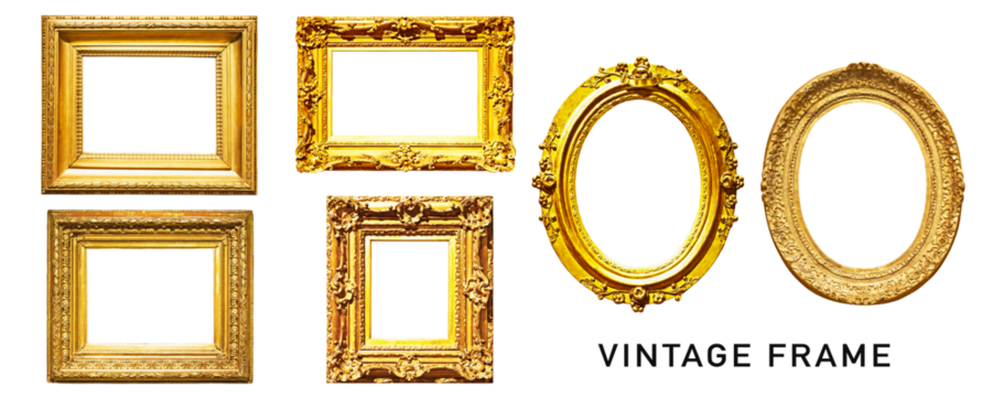 Golden vintage frame set. PNG with transparent background. Without shadow.