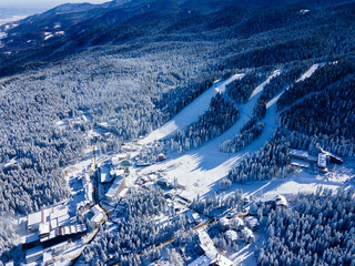 Fototapeta na wymiar Aerial view of Rila Mountain near ski resort of Borovets, Bulgaria
