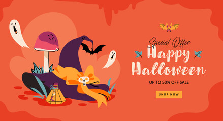Happy Halloween sale banner flyer with Halloween elements. Witch hat, potion bottle, ghost, bats and mushroom. Vector illustration for poster, card, banner, special offer
