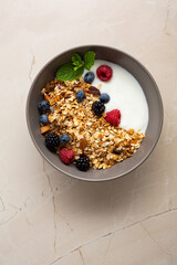 Top view of healthy grain breakfast bowl