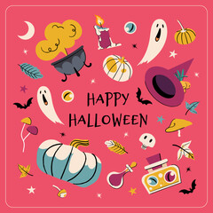 Happy Halloween vector card. Cute cartoon Illustration with cauldron, potion bottle, scull, pumpkin, witch hat, bat on a pink background