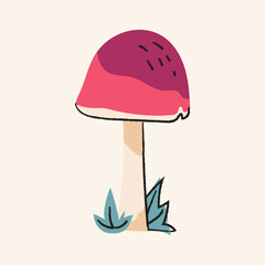 Cute magic pink mushroom on a beige background. Fungi Hand drawn Halloween vector illustration