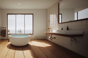 Fototapeta na wymiar Bathroom interior with beige tile walls, a wooden floor, a bathtub under a large window, a sink and a round mirror. 3d rendering