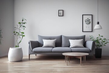 Cozy Scandinavian interior with sofa and minimal decor,3d render