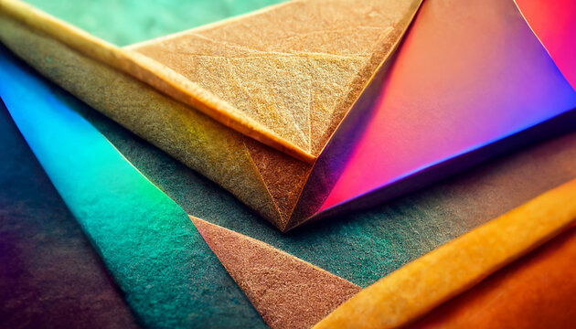 An abstract background triangular 3D shapes in a color gradient of red, orange, yellow, green, and blue.