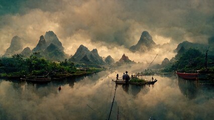 fisherman village, chinese - obrazy, fototapety, plakaty