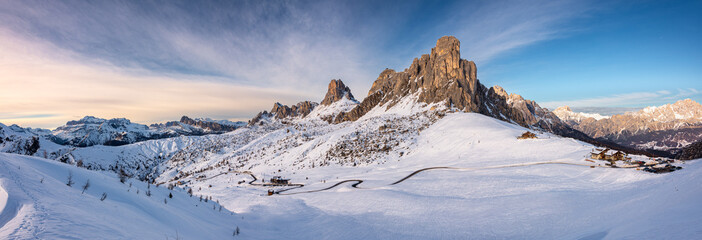 Aerial view of Passo Giau with snow in winter, Dolomites, Italy