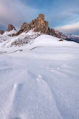 Aerial view of Passo Giau with snow in winter, Dolomites, Italy