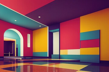 Colorful interior with archs and terrazzo floor. 3d render illustration mock up