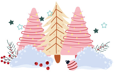 Winter card with colorful Christmas tree, heaps of snow, pine branches and other. Concept Christmas and New Year. Perfect for greeting cards, poster, postcard, banner. Vector.