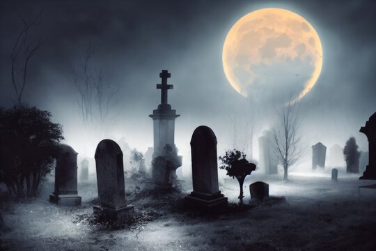 spooky halloween night at eerie churchyard graveyard