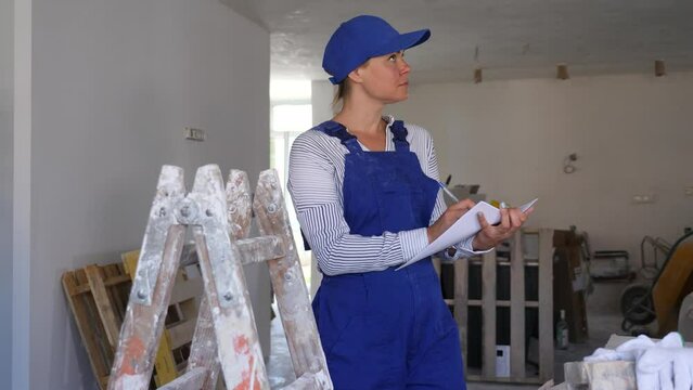 Young beautiful woman in uniform, standing on a construction site indoors during repair work, makes important notes on paper.