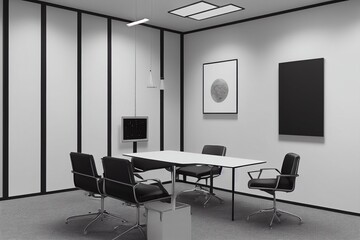 Fototapeta premium Vertical mock up poster frame hanging in modern office with white and black walls, conference room and reception desk with armchairs. 3d rendering