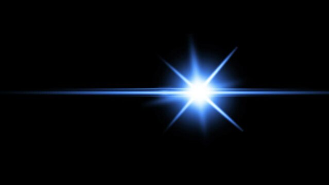 Blue Optical flare Moving on black background (alpha channel). Technical Bright Flare Flashing on Dark Space with Glowing Light Rays. 4K High Quality Motion Video 