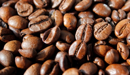 roasted coffee beans background, close-up of roasted coffee beans, brown coffee beans texture