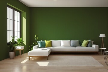 The decoration mock up interior design and living room with empty canvas frame on green wall texture background, 3d rendering