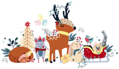 Winter compositions with animals, funny reindeer and garlands on the horns, funny mouse, cute rabbit in a scarf, and other.Concept Christmas and New Year. Perfect for greeting cards, poster, postcard