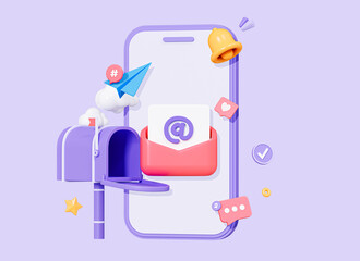 3D Mobile phone with open mailbox and letter in envelope. Send email or message concept. Smartphone with online newsletter. Cartoon creative design icon isolated on purple background. 3D Rendering