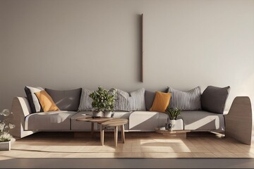 Interior of living room with wooden triangular coffee table and grey sofa, scandinavian style, 3d rendering