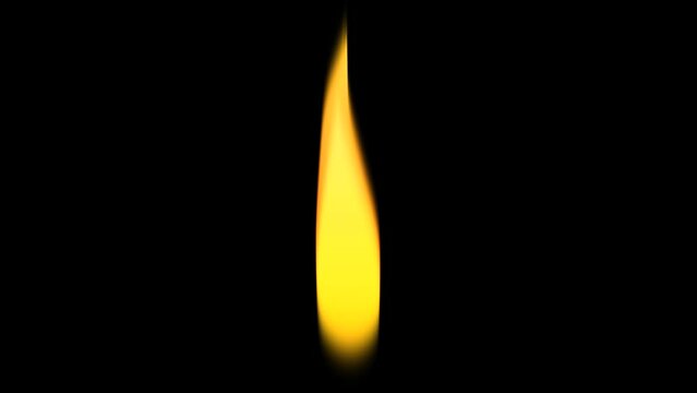 Realistic animation of a wax candle flame on a black background. The flame of a wooden match. Close-up.
