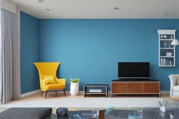 Cabinet TV in modern living room,Interior of a bright living room with armchair on empty blue wall background. 3D rendering