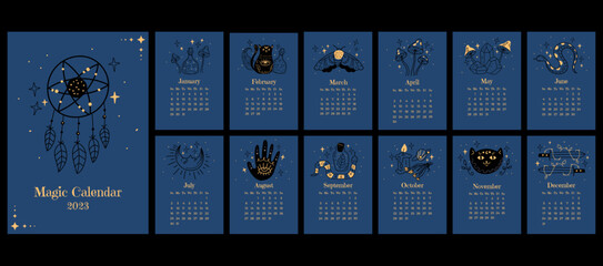 Magic witch esoteric boho style calendar planner abstract design element concept illustration set