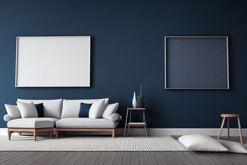 The Mock up frame canvas and furniture design in modern interior background, Elegant living room, Scandinavian style, Blue wall background, 3D render, 3D illustration