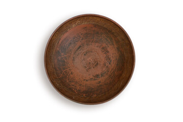 Clay plate is empty top view on white background isolated.